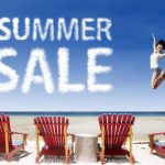 Advertising summer sale jump over beach chairs