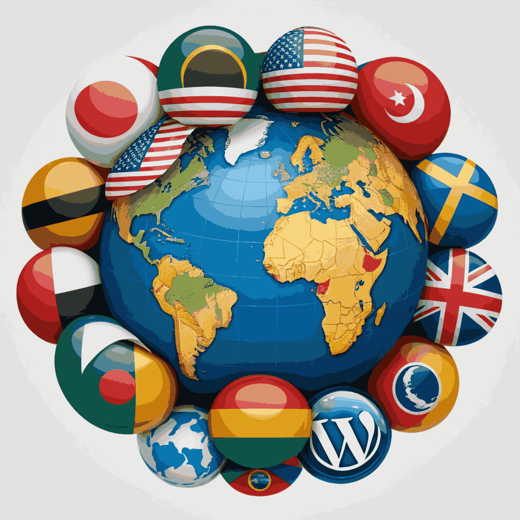 Incorporate the WordPress logo surrounded by globe icons and flags representing various languages to emphasize the multilingual capability