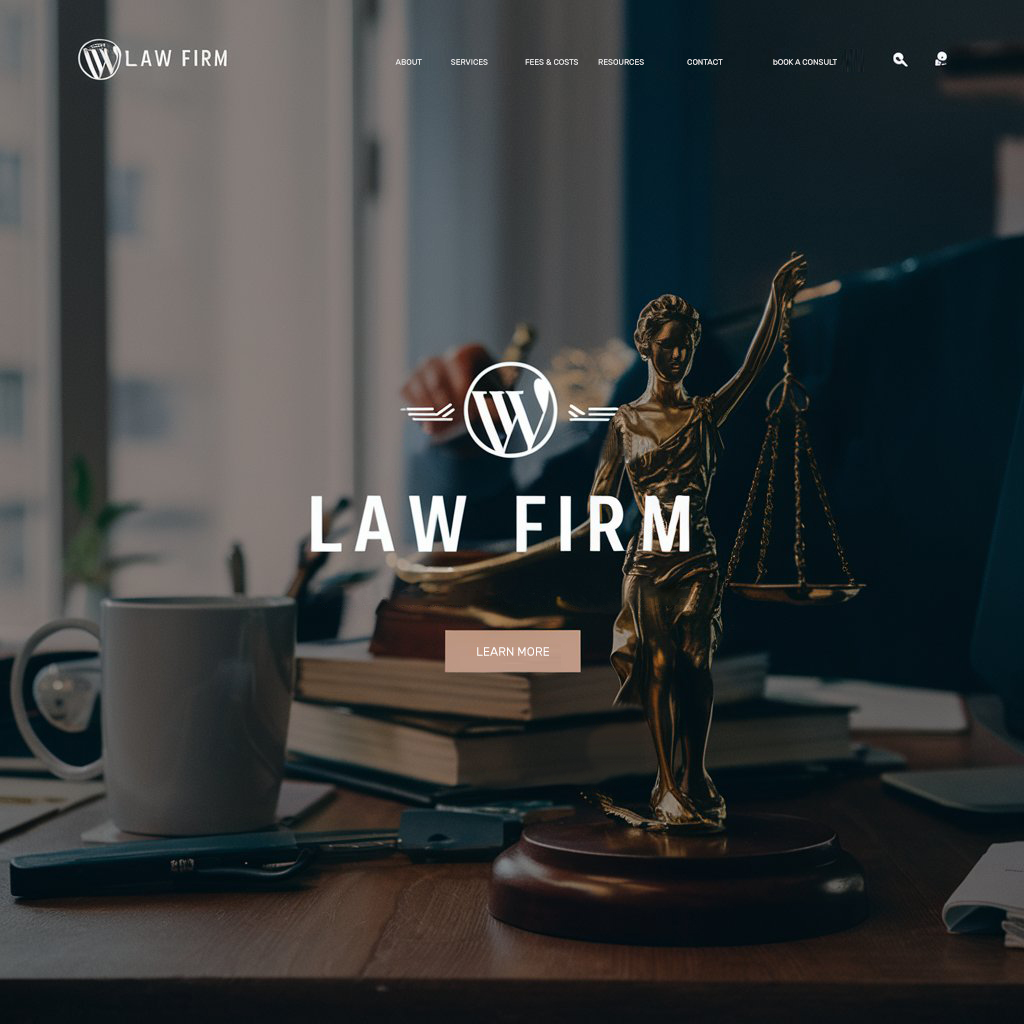 A screenshot or mockup of a professional law firm website homepage built with WordPress