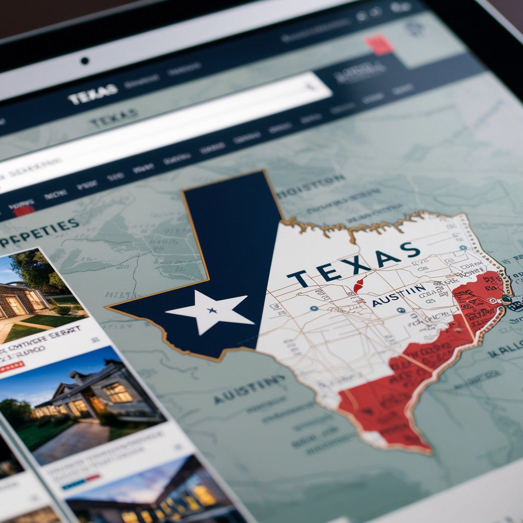 Real estate website homepage for Texas, featuring a search bar, highlighted property listings, and a Texas map showing major cities