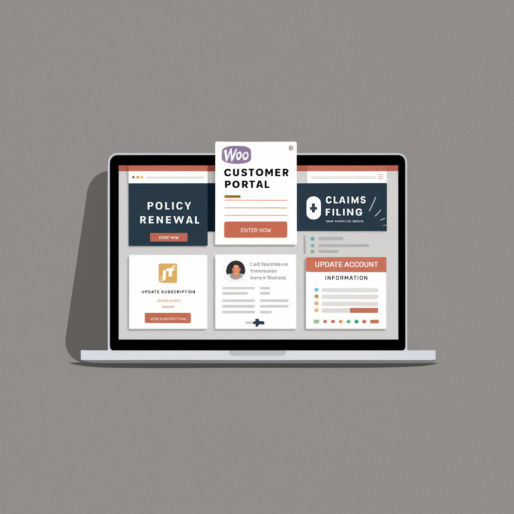 A realistic illustration of a customer portal on a laptopdesktop on a WooCommerce site for managing purchased insurance products
