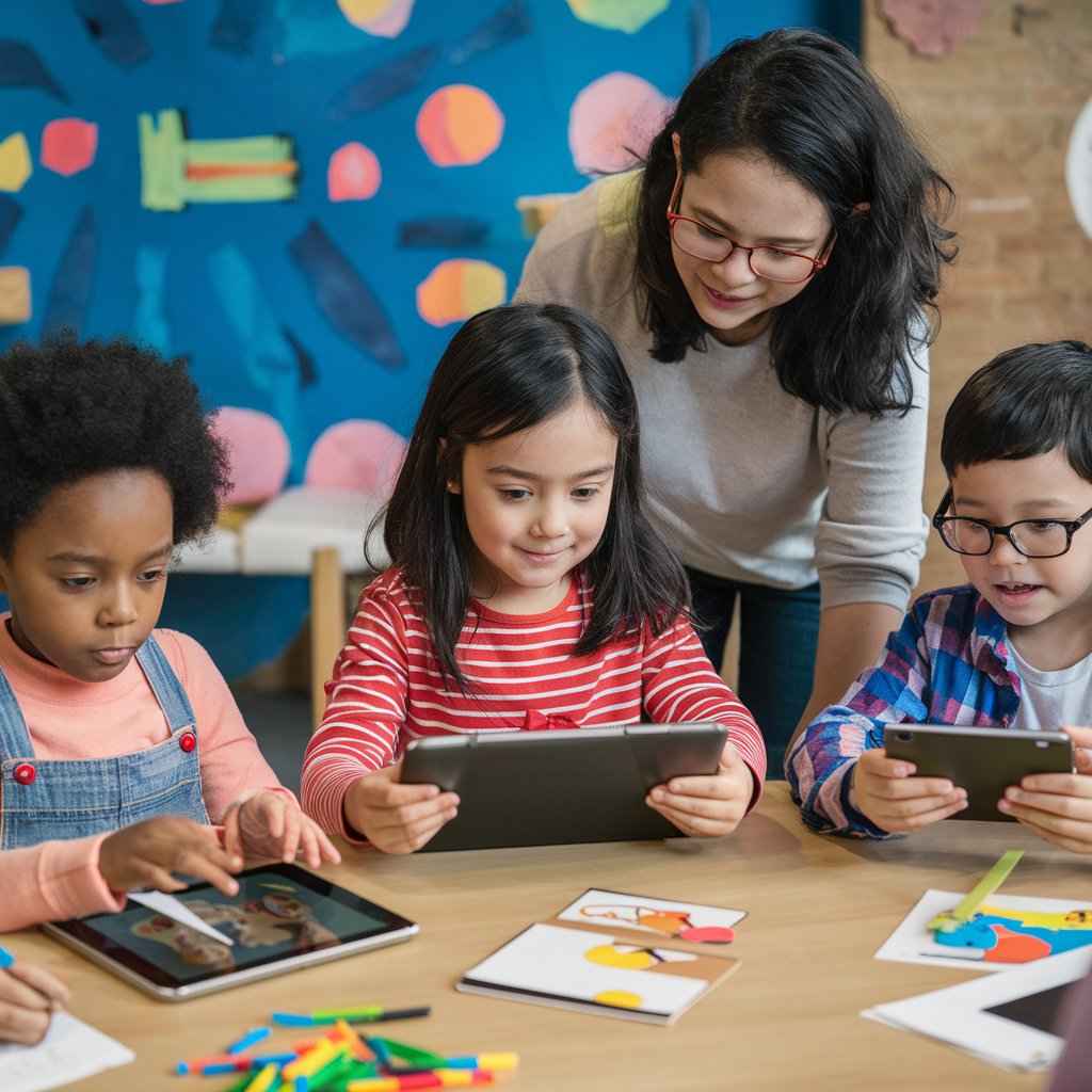 a woman watching her children as they play games in their tablets