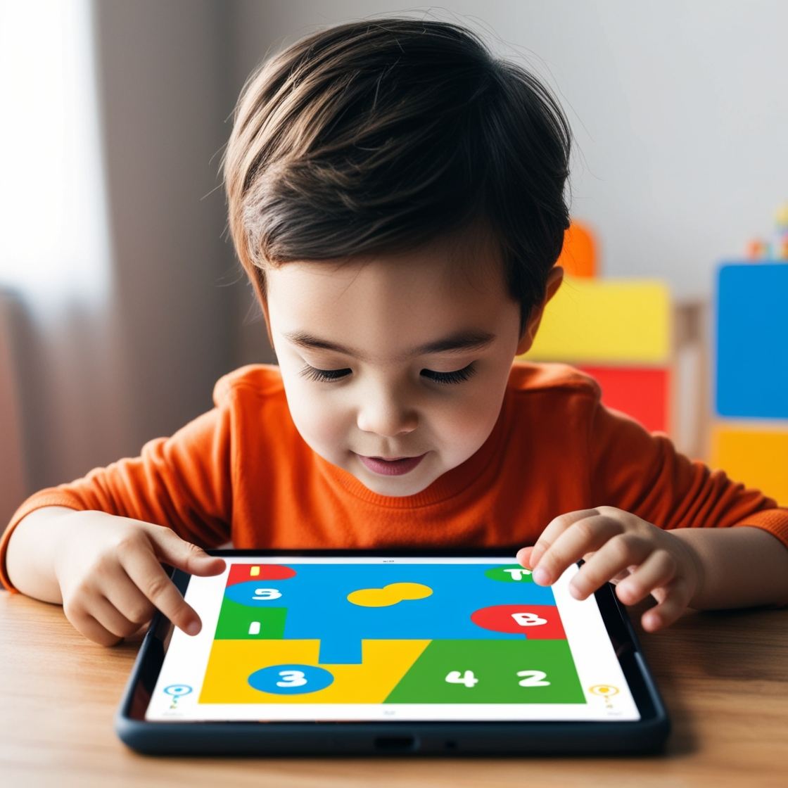 a child playing with numbers on a tablet