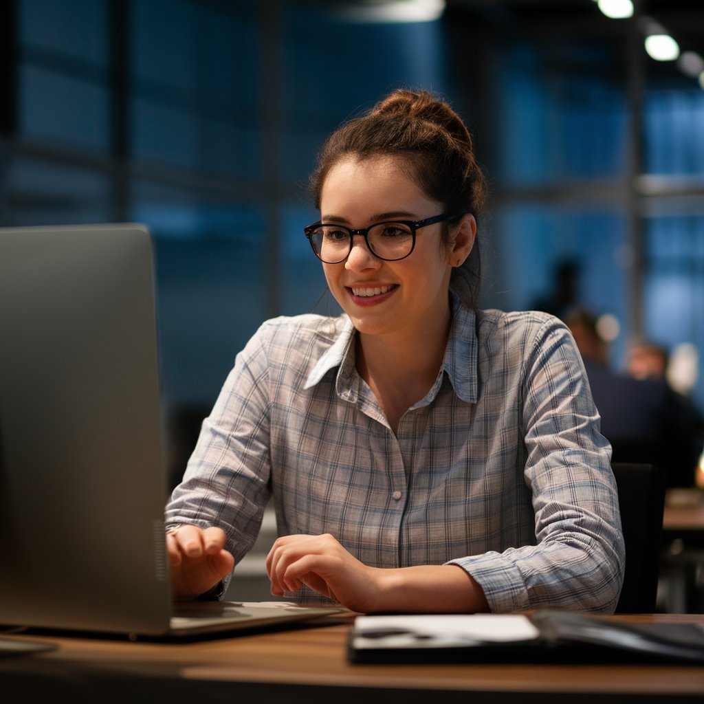 A woman in glasses operating a laptop while designing a professional website for a manufacturing website