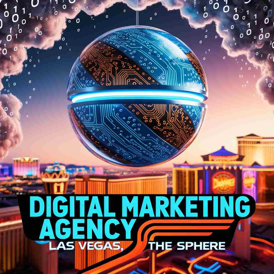 a large, sleek, and silver desktop computer monitor displays the title 'Digital Marketing Agency Las Vegas'