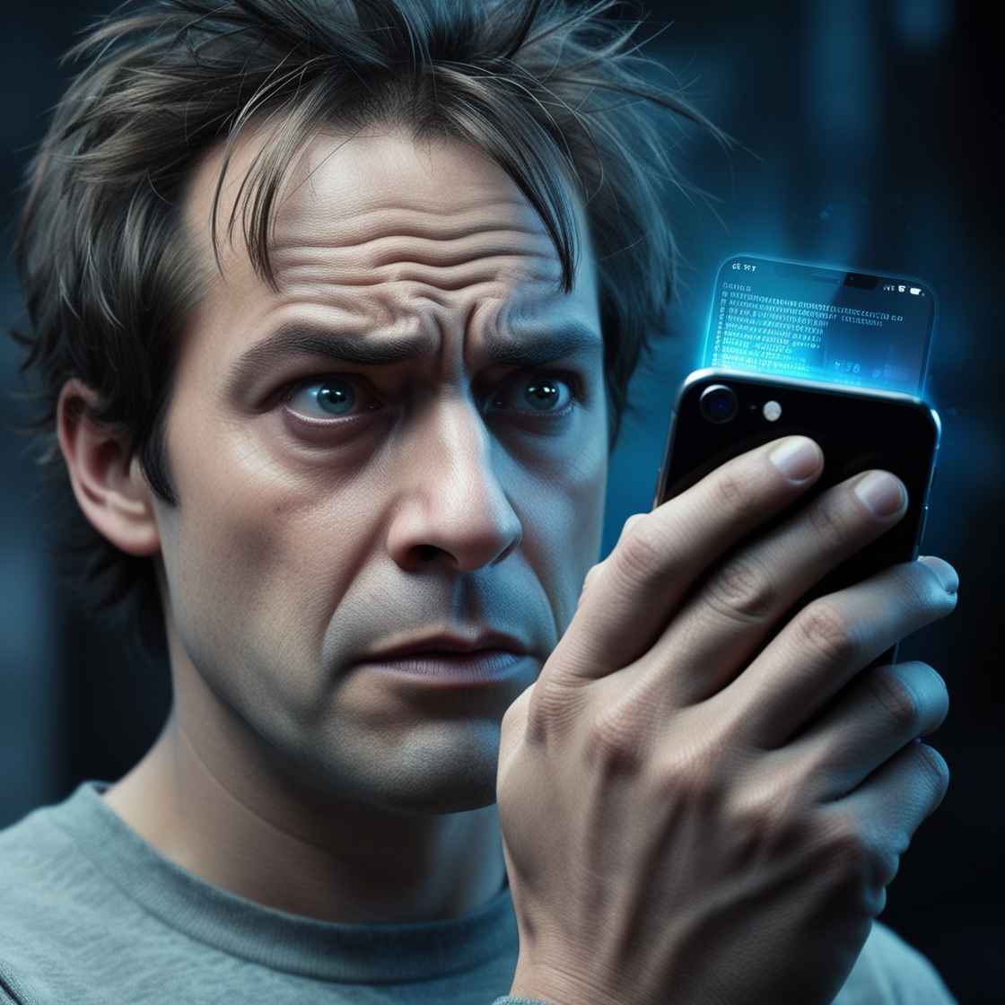 A close-up image of a person's hand gripping their smartphone, with a mixture of concern and paranoia etched on their face