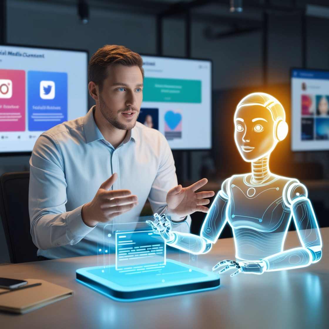 A digital marketer briefing an AI represented as a glowing, futuristic team member