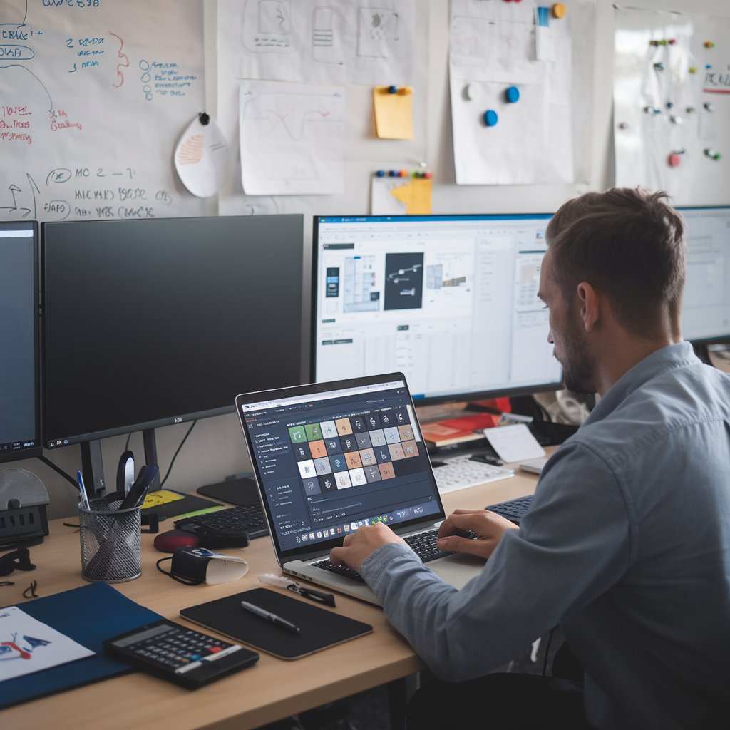 A photo of a man sitting at a desk, working on a laptop