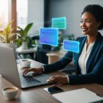 a person typing on a laptop, with vibrant holographic AI prompts emerging from the screen