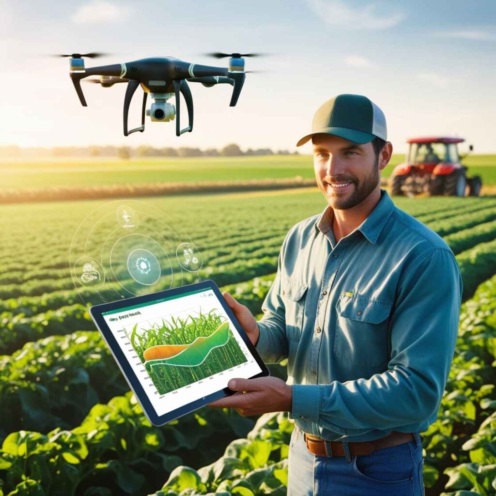 A farmer standing in a lush green field, holding a tablet