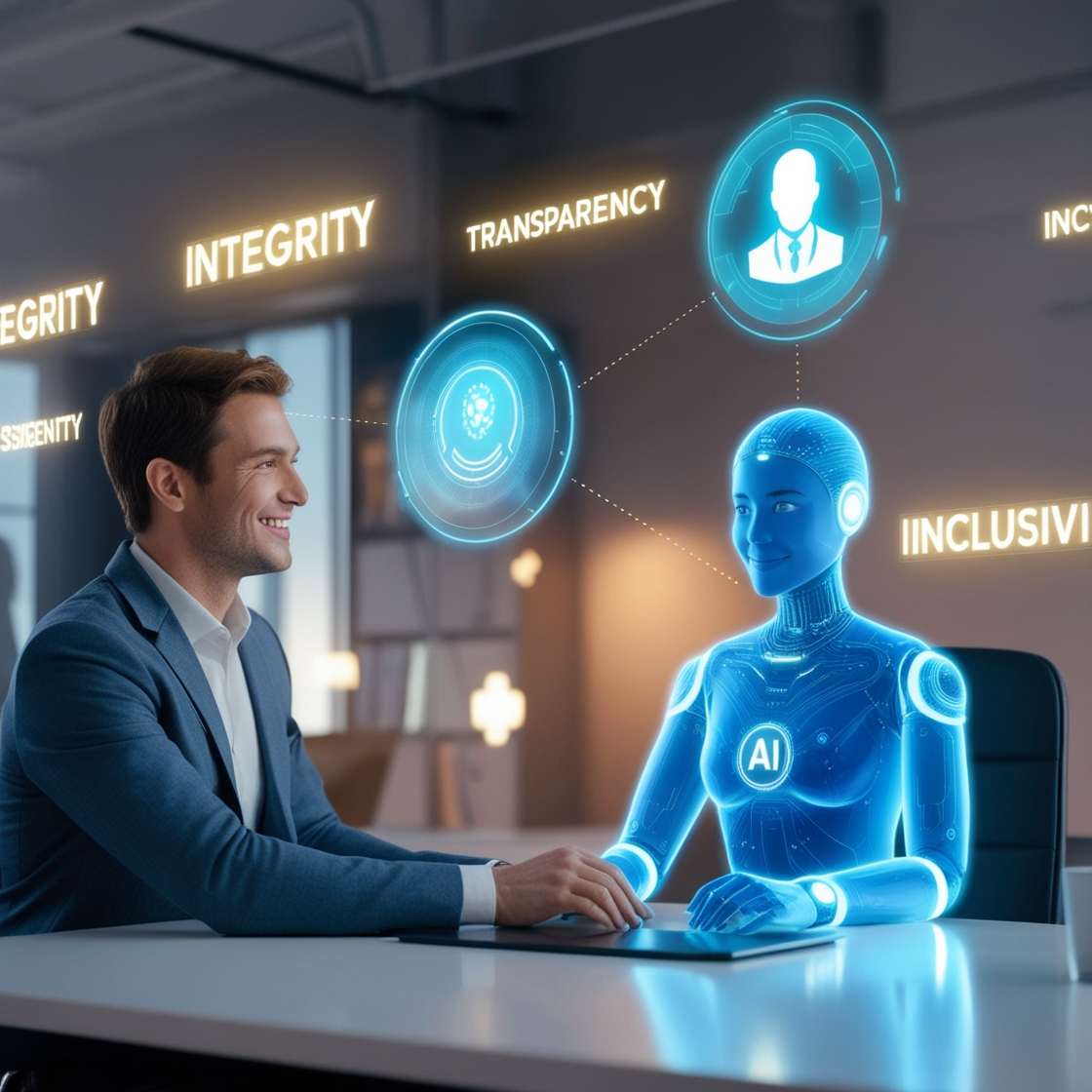 A futuristic scene of a human sitting at a desk, interacting with a glowing holographic AI assistant