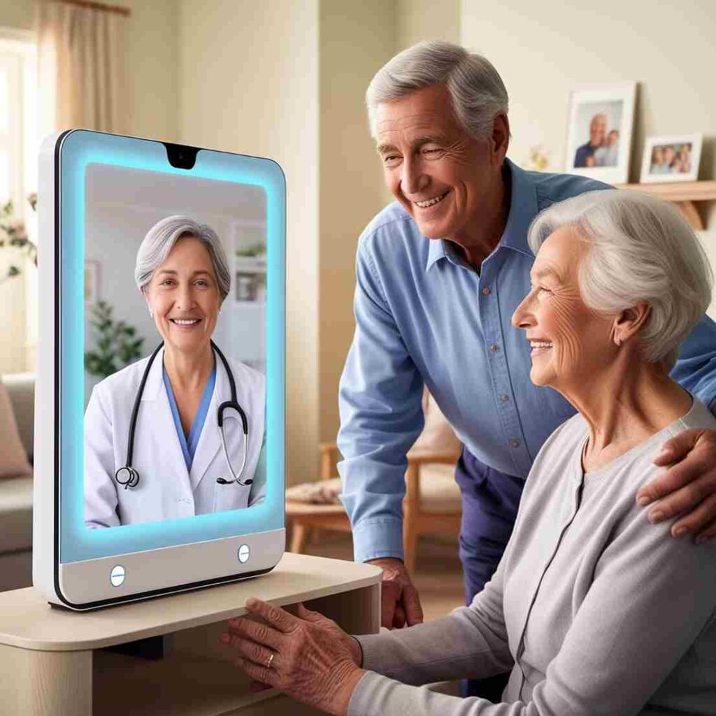 An elderly couple interacting with a virtual telemedicine setup