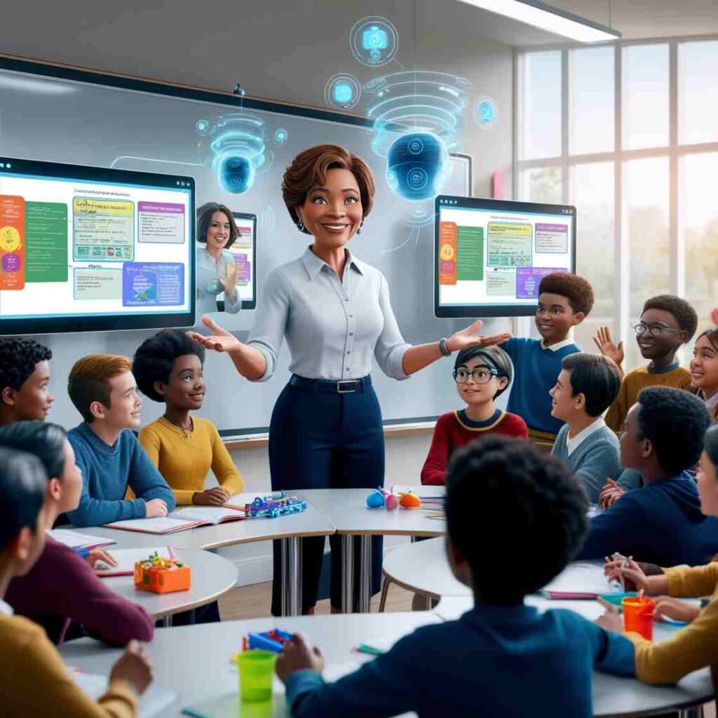 image showcasing the harmonious integration of artificial intelligence as an empowerment tool in a modern classroom setting