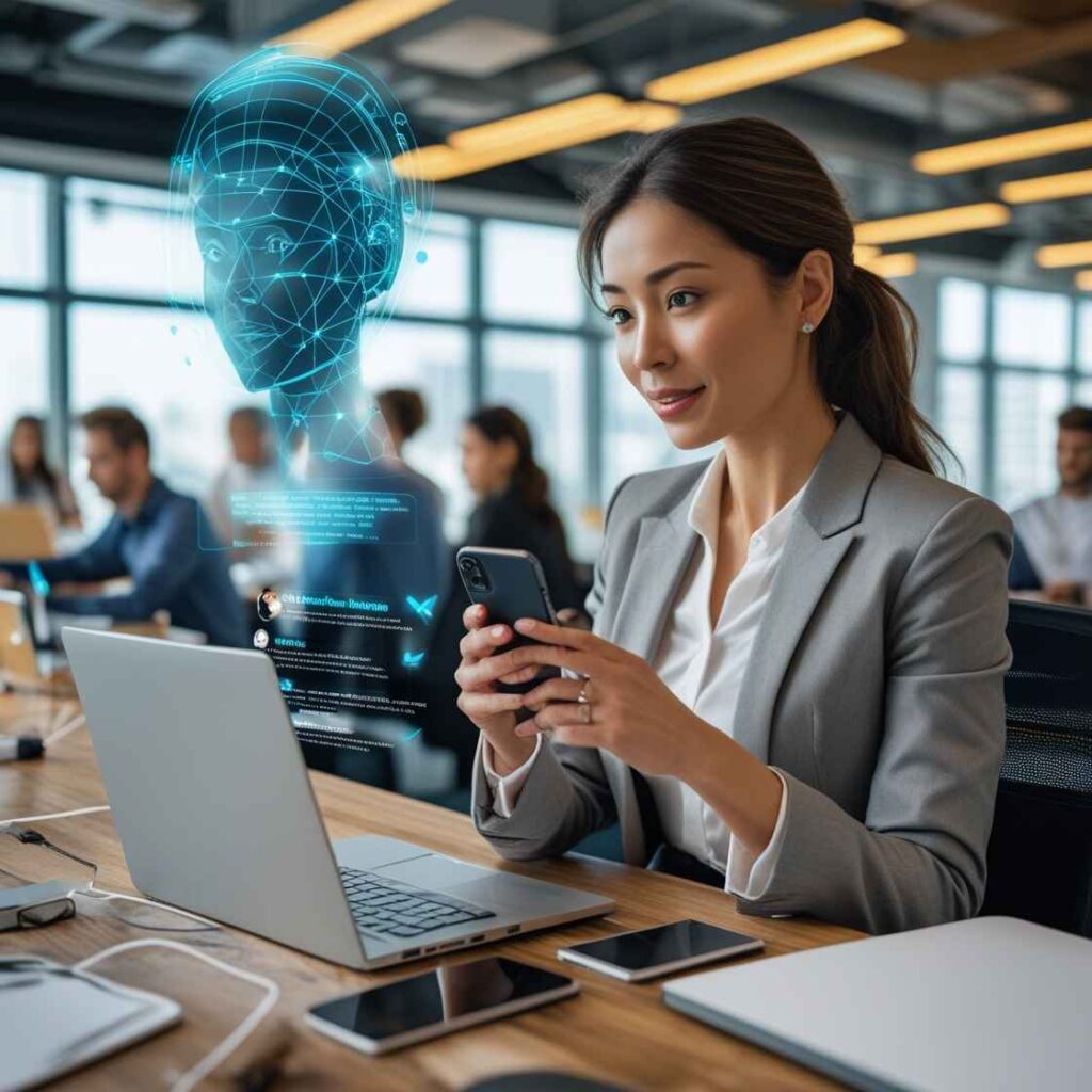 A businesswoman in a bustling co-working space, using her smartphone and laptop simultaneously while a holographic AI assistant appears to help prioritize her tasks