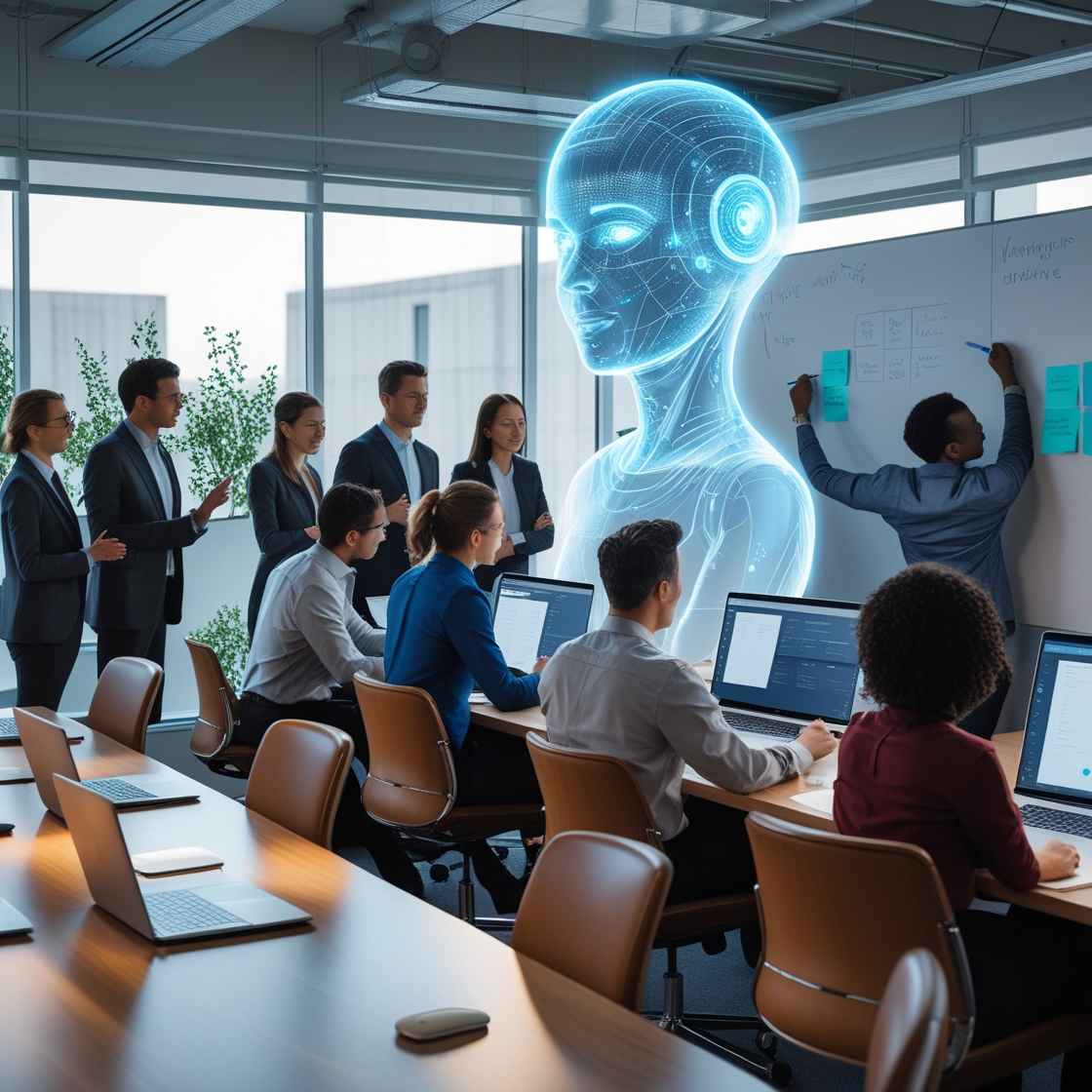 A busy office environment with professionals using their laptops and tablets, engaging with a virtual AI assistant projected in the air