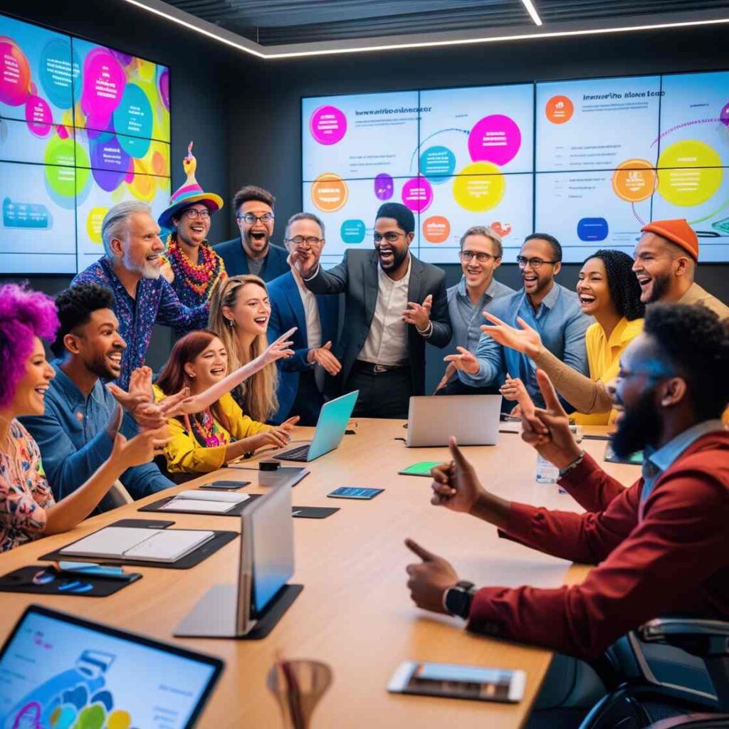 A diverse group of people gathered in a brightly lit room, voting and commenting on creative ideas