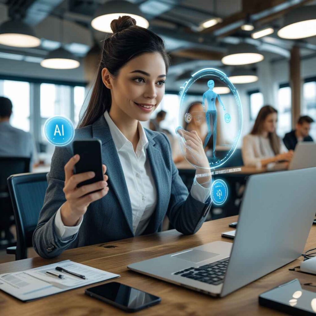 A futuristic workspace where a professional is using an advanced AI hologram projected from their desk