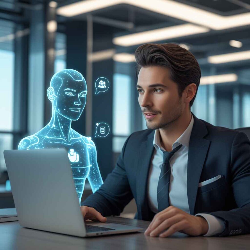 A professional in a sleek modern office, sitting at a desk, looking at their laptop with an expression of focus and efficiency