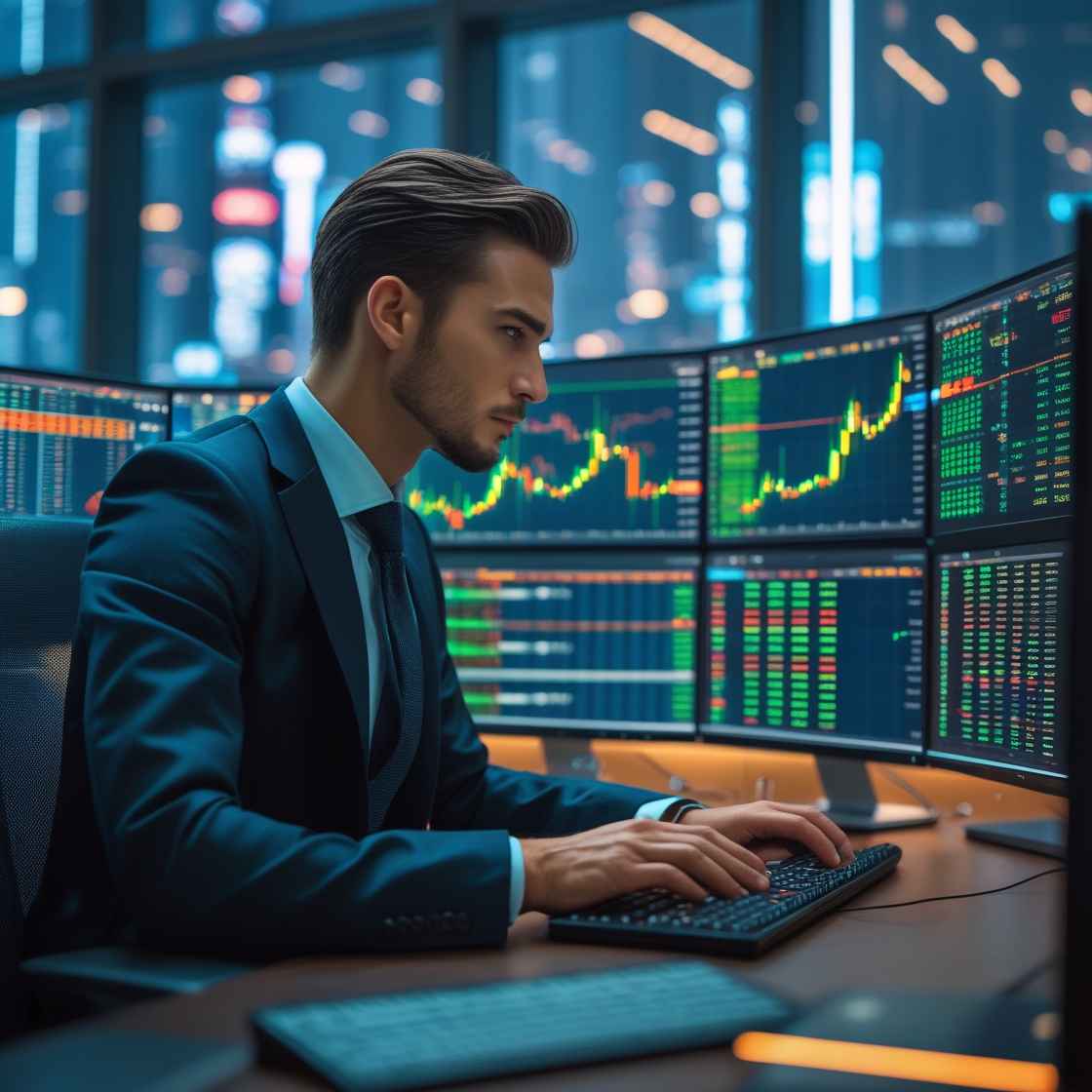 A trader in a sophisticated financial hub, using multiple monitors to track cryptocurrency prices and execute trades