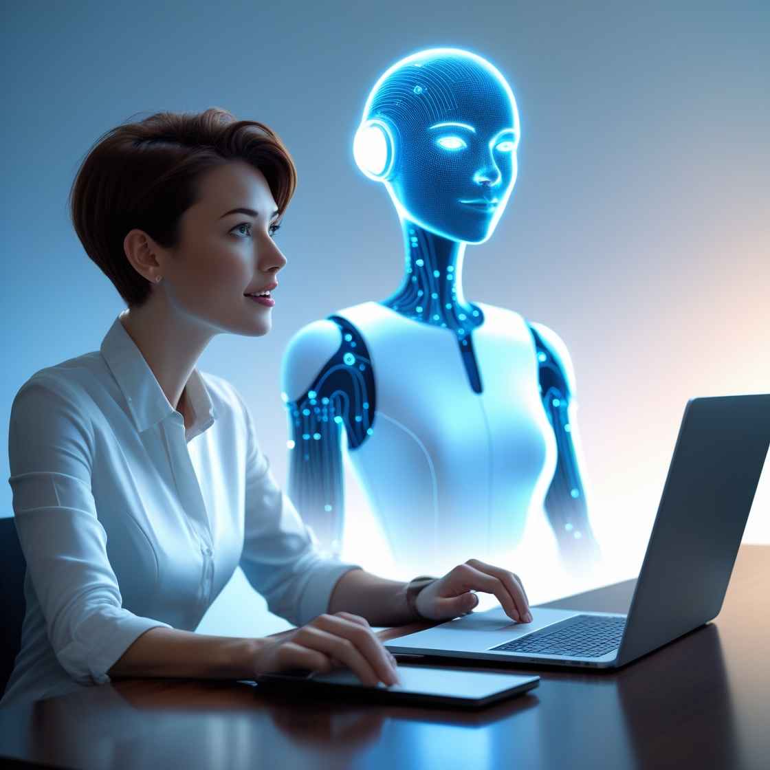 A young professional sitting at a desk with a laptop, looking curious and excited while an AI assistant appears as a glowing hologram