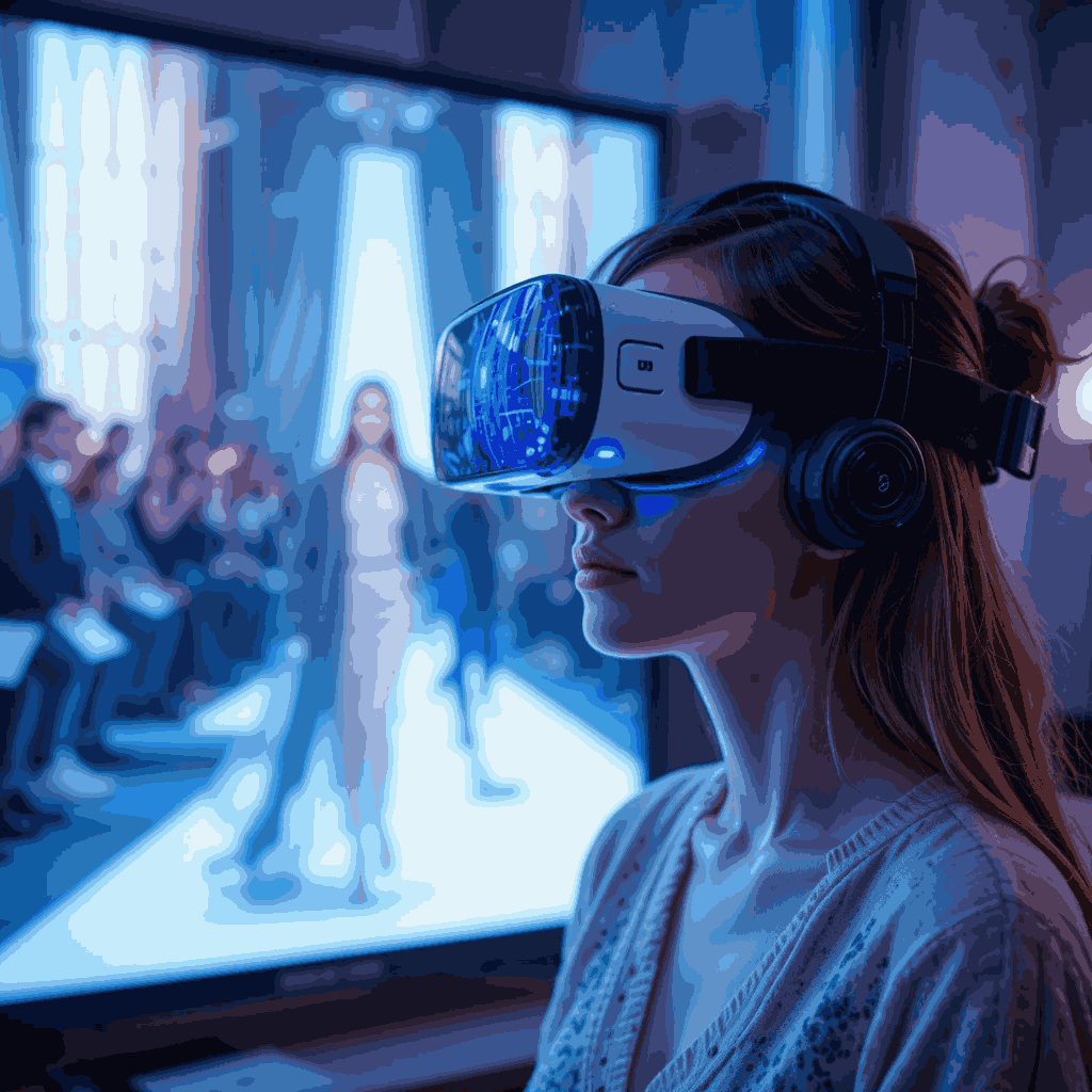 a person at home using a VR headset to explore a holographic Paris runway show