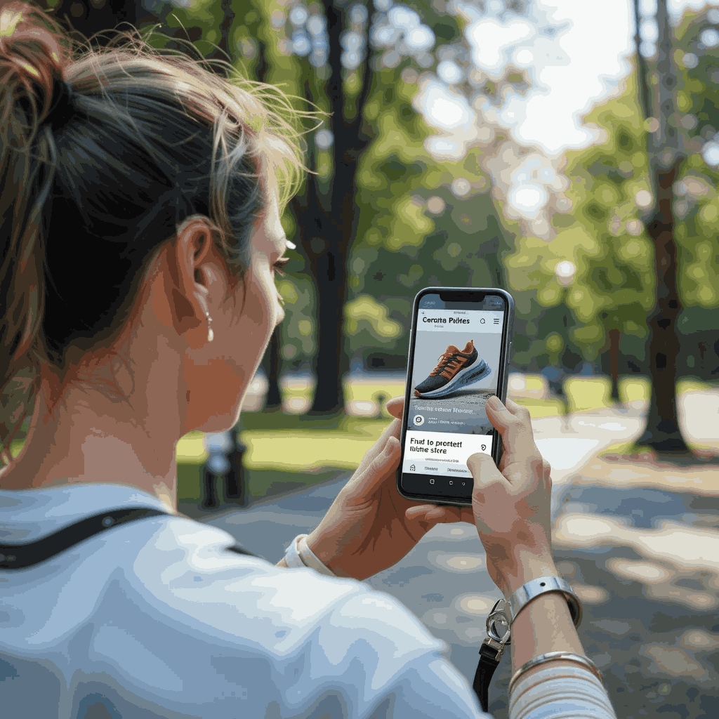 a runner watching a personalized ad on their phone during a break at the park. The ad showcases AI-tailored shoes