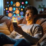 realistic image of a person sitting on a cozy couch at home, looking at a smartphone with cryptocurrency symbols and financial icons floating from the smartphone