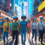 A bustling urban street scene where pedestrians use AR glasses to discover hidden virtual items