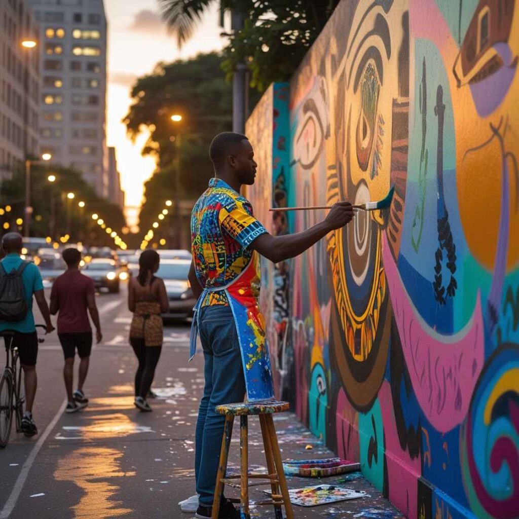 A bustling urban street where a local artist paints a vibrant mural inspired by the city’s culture