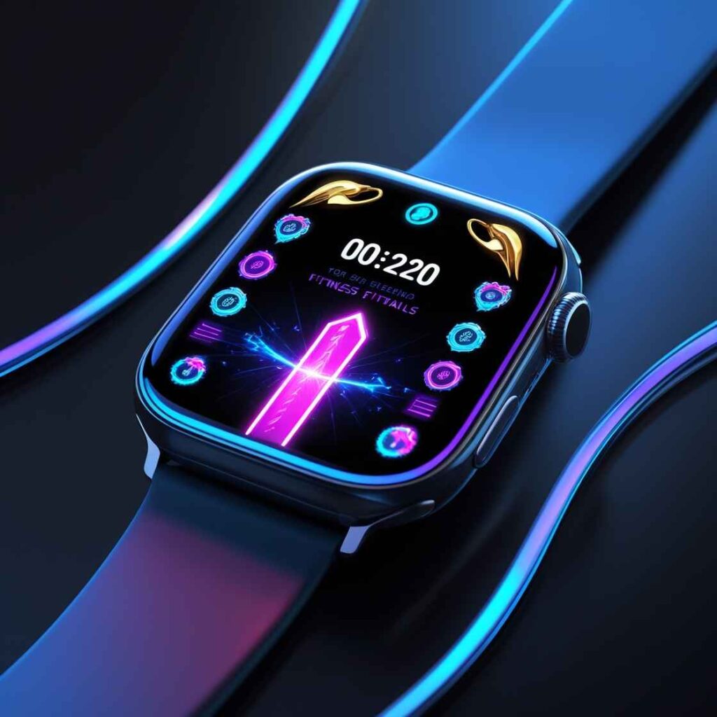 A glowing smartwatch interface tracking fitness achievements