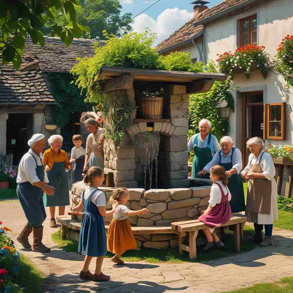 A joyful scene in a rural european village where families gather around a newly built well