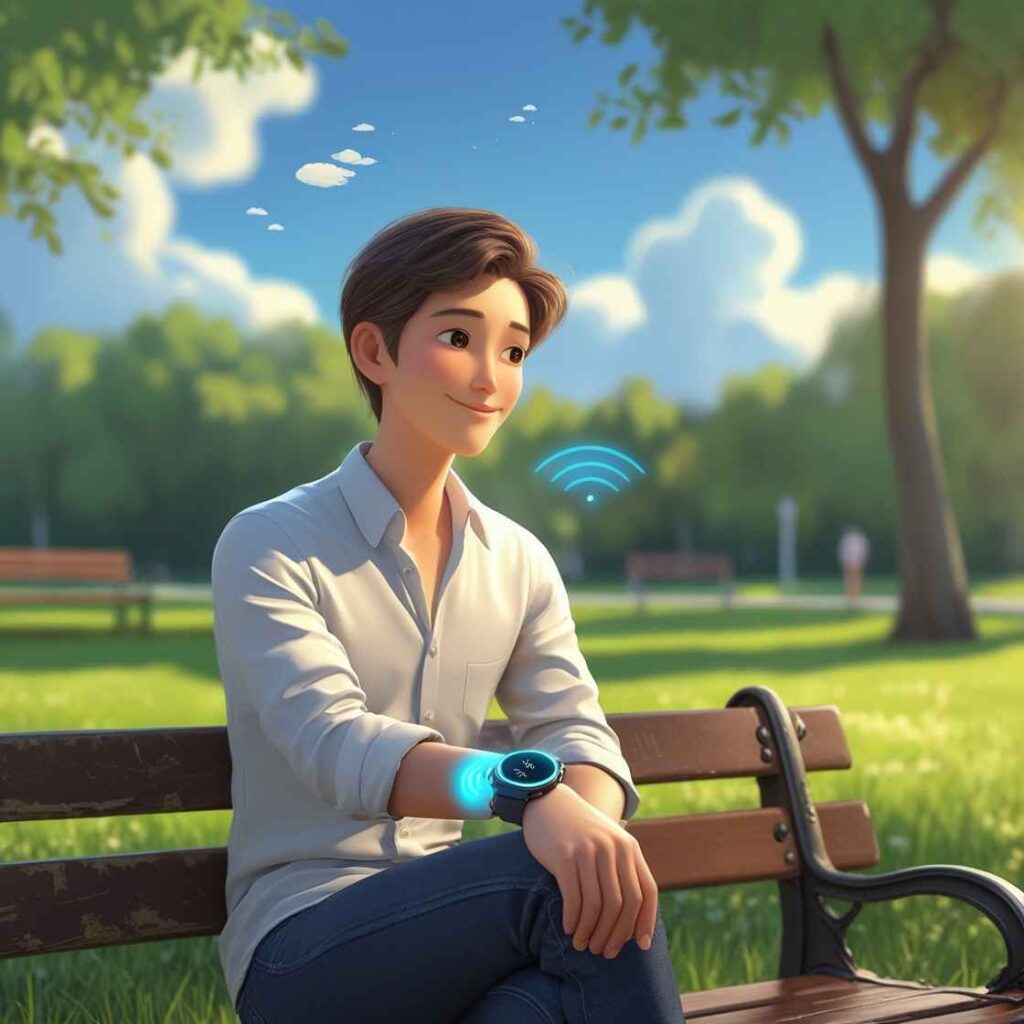 A person sitting in a serene park, their smartwatch glowing faintly as it triggers an AI notification