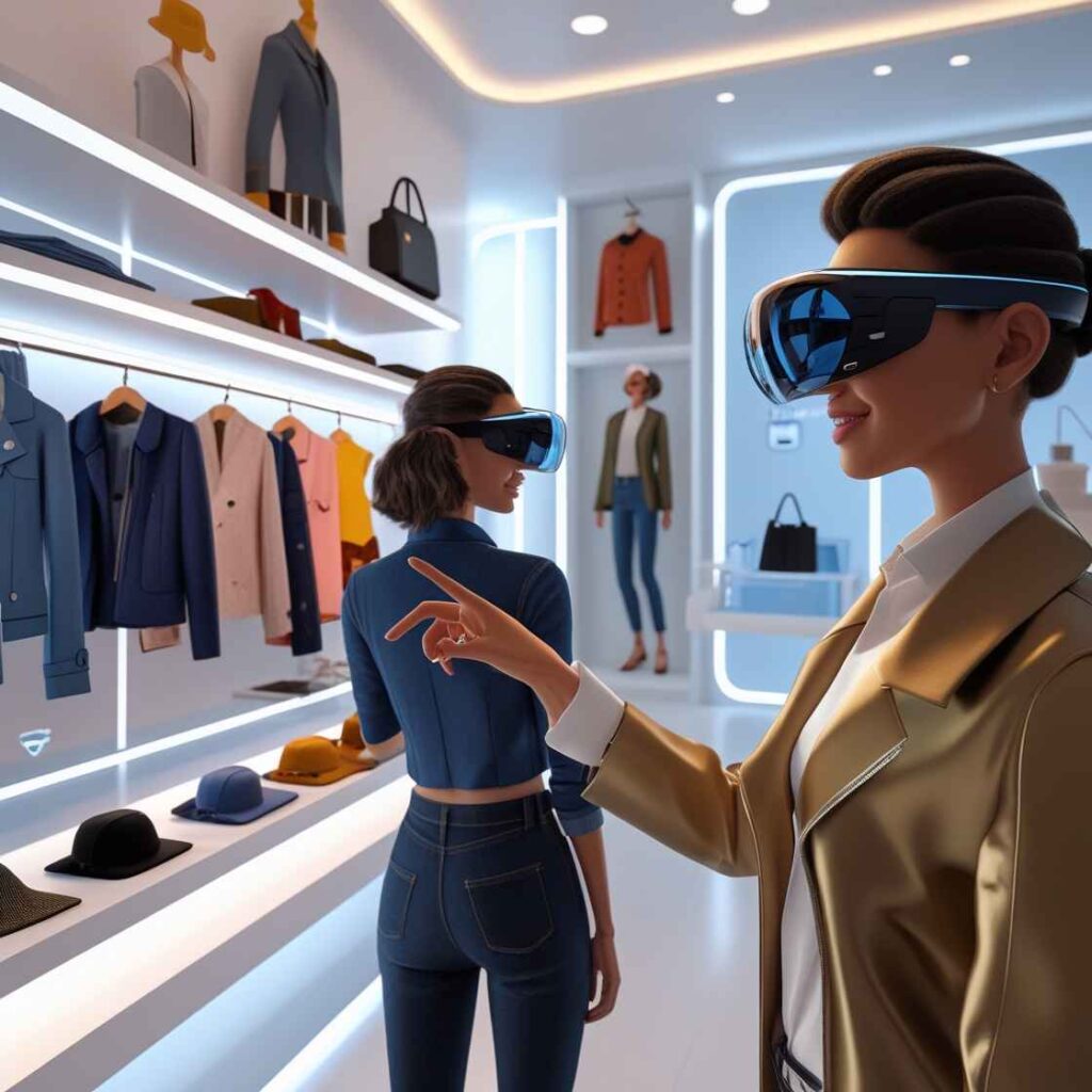 A sleek virtual store interior with holographic shelves displaying clothes and accessories tailored to the user's preferences