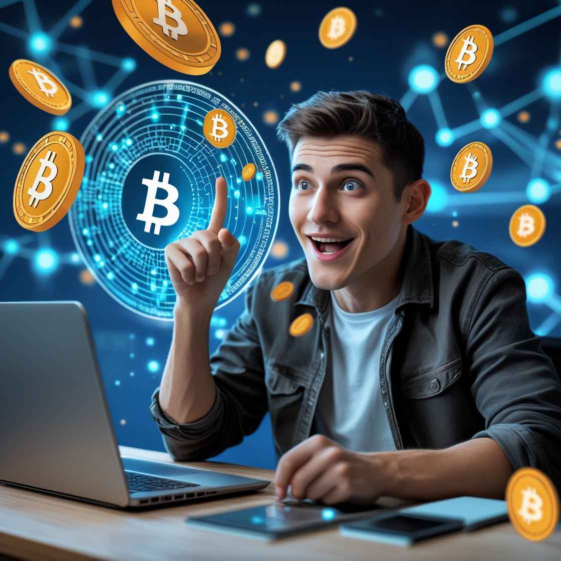 A young adult sitting at a desk with a laptop, looking curious and excited while exploring cryptocurrency symbols on the screen