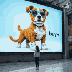 A young woman looking at a massive interactive billboard featuring an animated dog wearing white sneakers and blue glasses