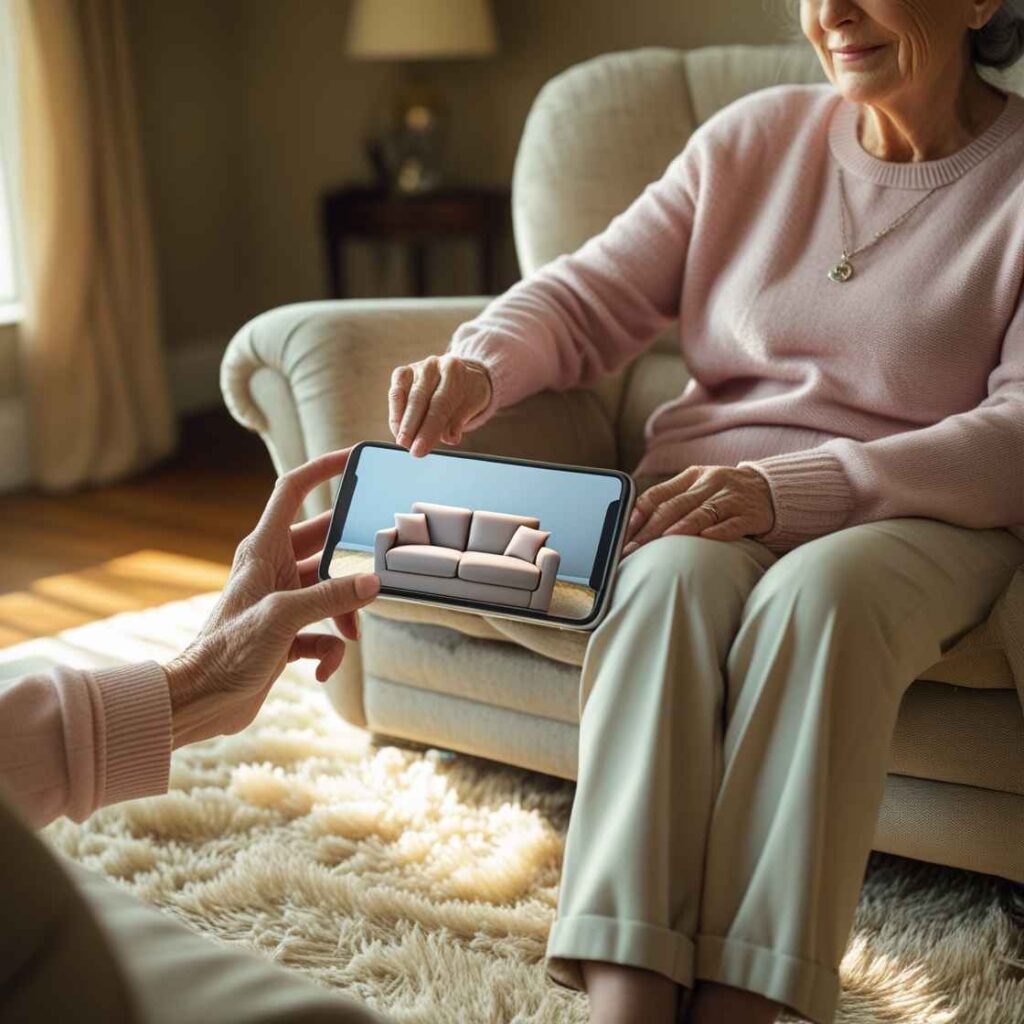 Depict a middle aged lady in their living room holding a smartphone, showcasing a virtual couch projected onto the space