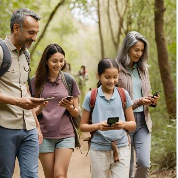 a family walking together on a nature trail, the parents holding smartphones