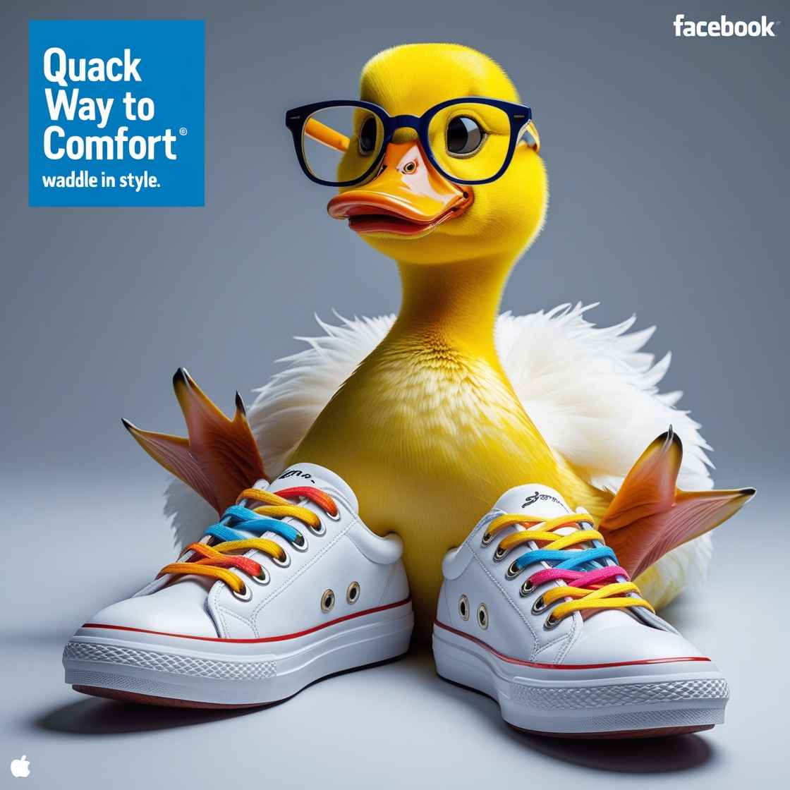 a funny yello duck with glasses on advertising shoes brand on facebook