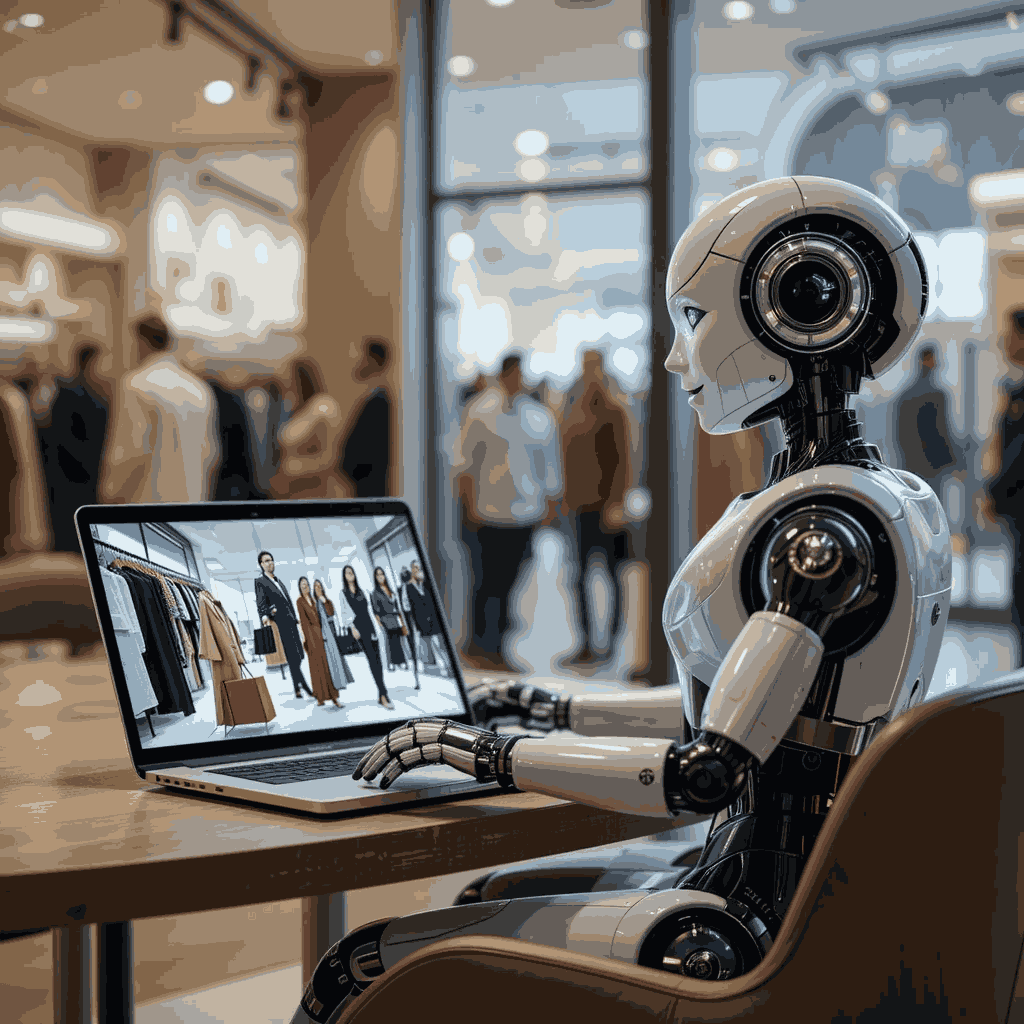 a happy ai bot watching people shopping at a clothing shop in a laptop.