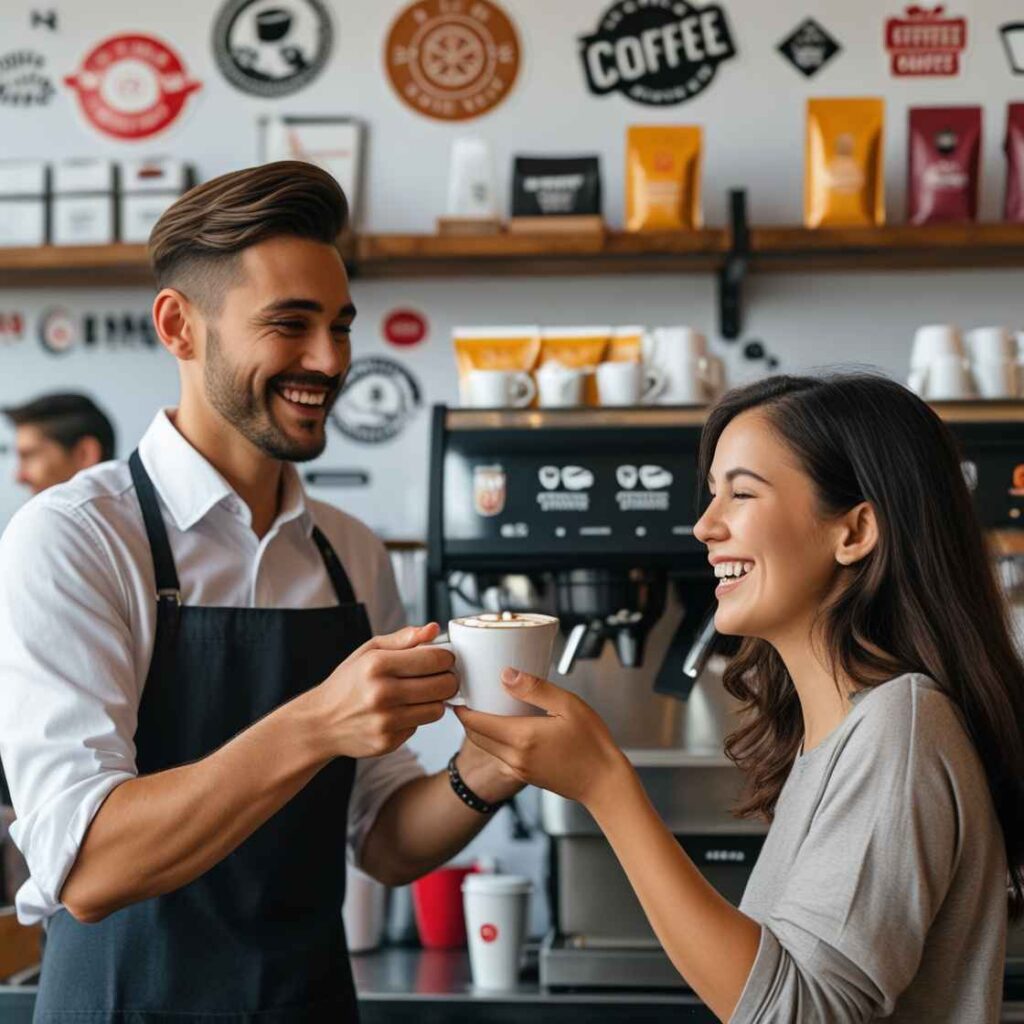 a happy coffee shop attendant giving a cup of coffee to customer