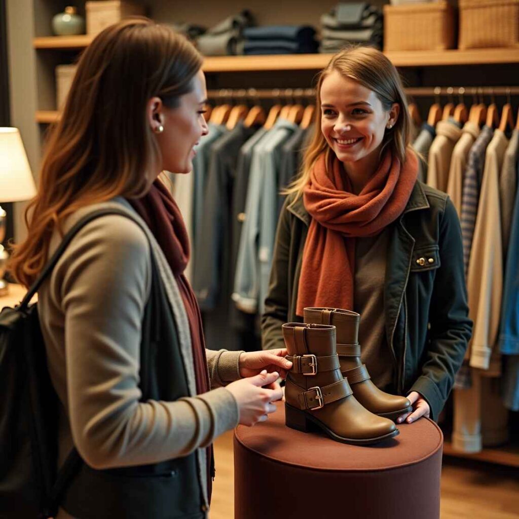 a shopper in a clothing store where a staff member brings over boots styled perfectly for the season