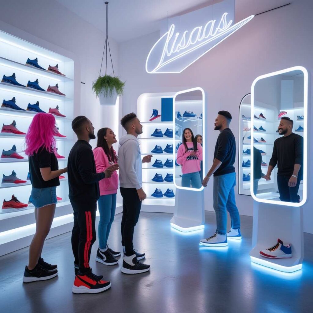 a trendy pop-up store with customers using AR mirrors to virtually try on sneakers