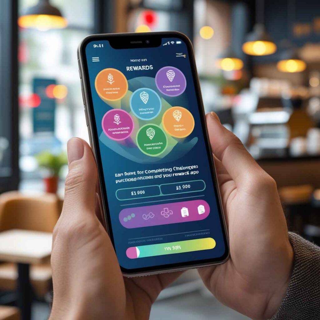 a young adult using a smartphone app to earn points for completing challenges