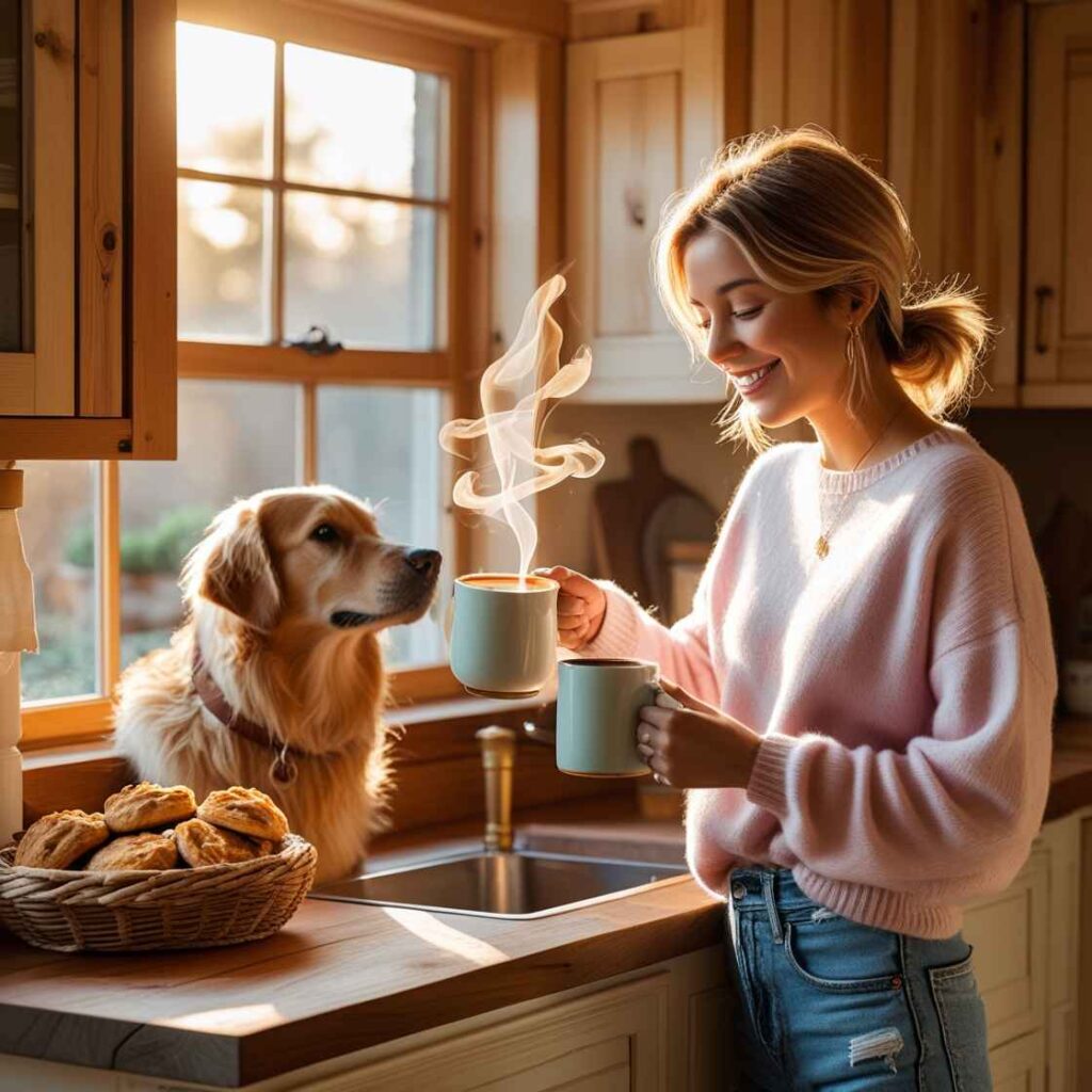 an influencer in a cozy kitchen, capturing a candid moment of brewing coffee while their pet looks on