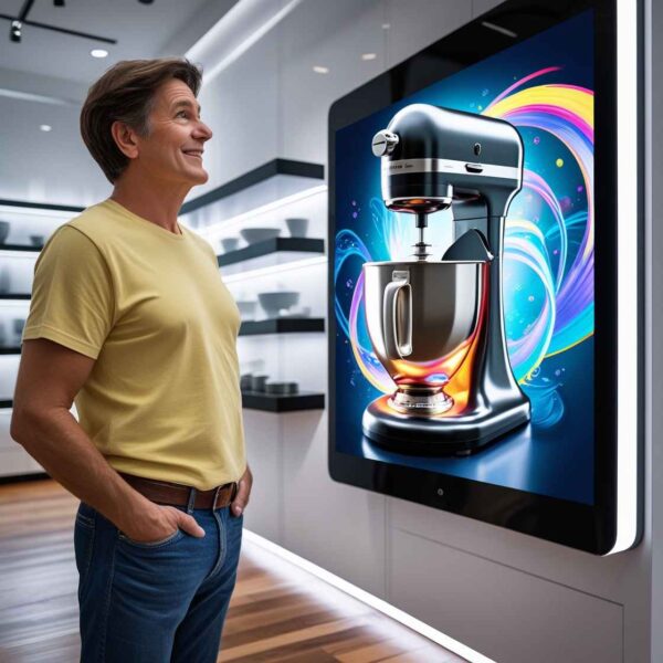 customer in a retail store watching a digital display featuring an animated product demo of a kitchen appliance