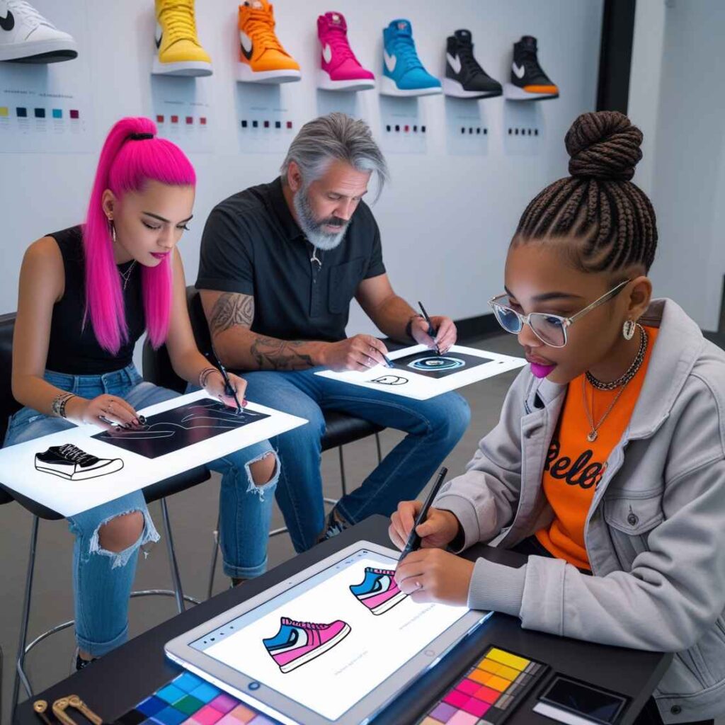 customers sketching or using tablets to design their own sneaker styles in a modern studio.