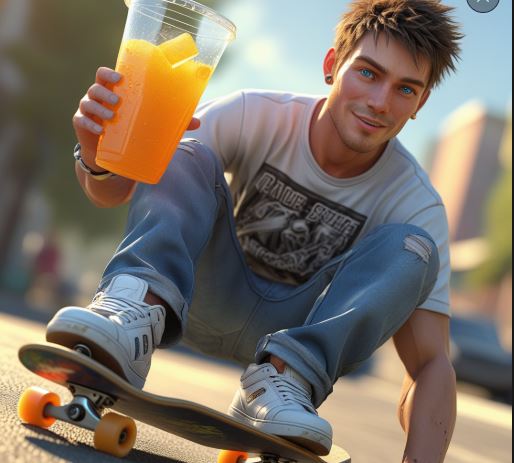 man skateboarding while drinking juice